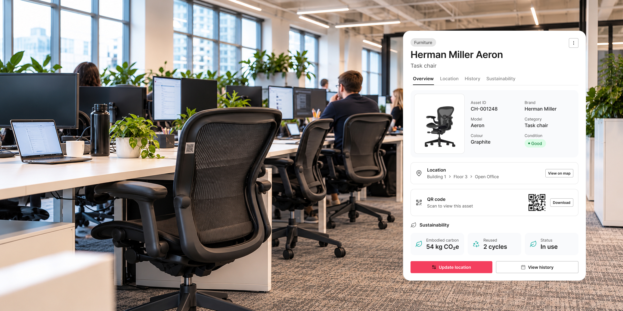 Open office with task chairs and a furniture inventory card showing embodied carbon