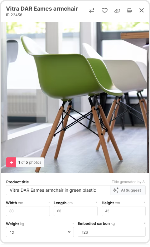Camio inventory builder — asset detail view showing AI-generated product title, dimensions, weight, and embodied carbon
